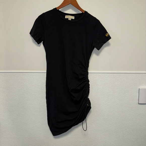 Michael Kors Tee Shirt Dress with Ruching Medium Women’s Black Gold Short Sleeve - Picture 12 of 13